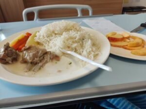 My first full meal after kidney transplant surgery - rice, mutton, salad, and fruit.