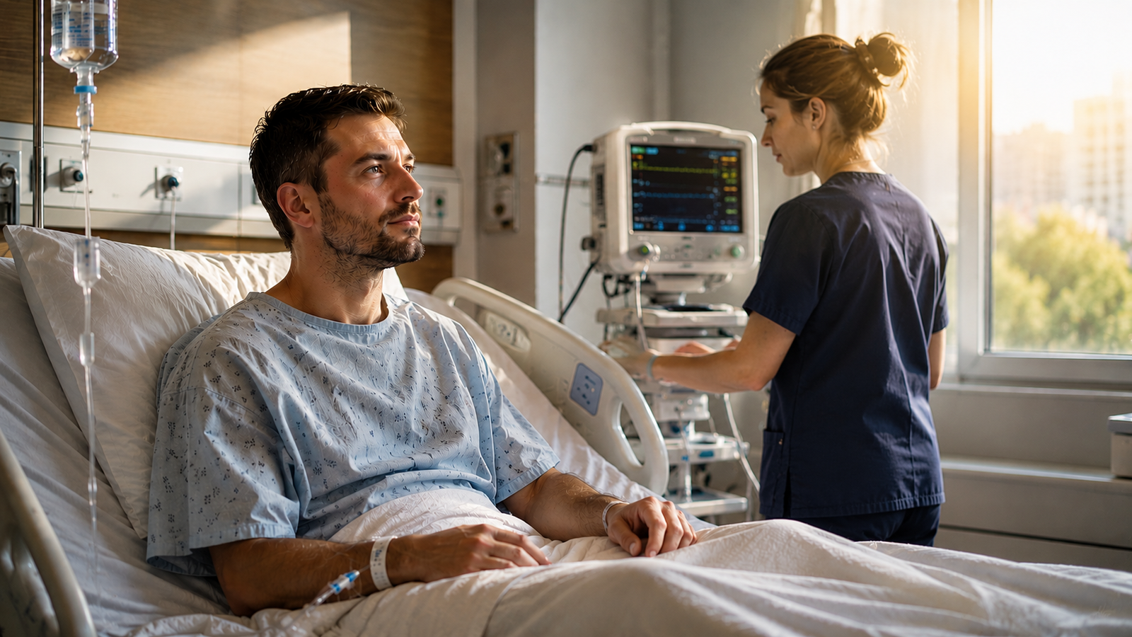 Kidney transplant recipient recovering in hospital during the first week after successful transplant surgery.