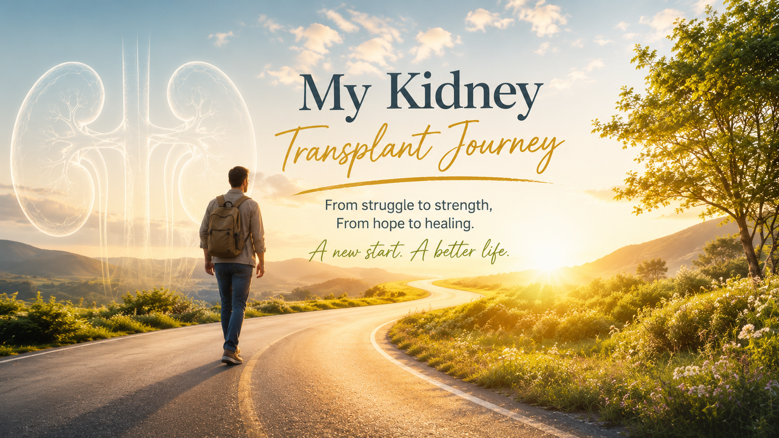 Symbolic kidney transplant journey showing a path from kidney failure and dialysis toward recovery, hope, and life after transplant.