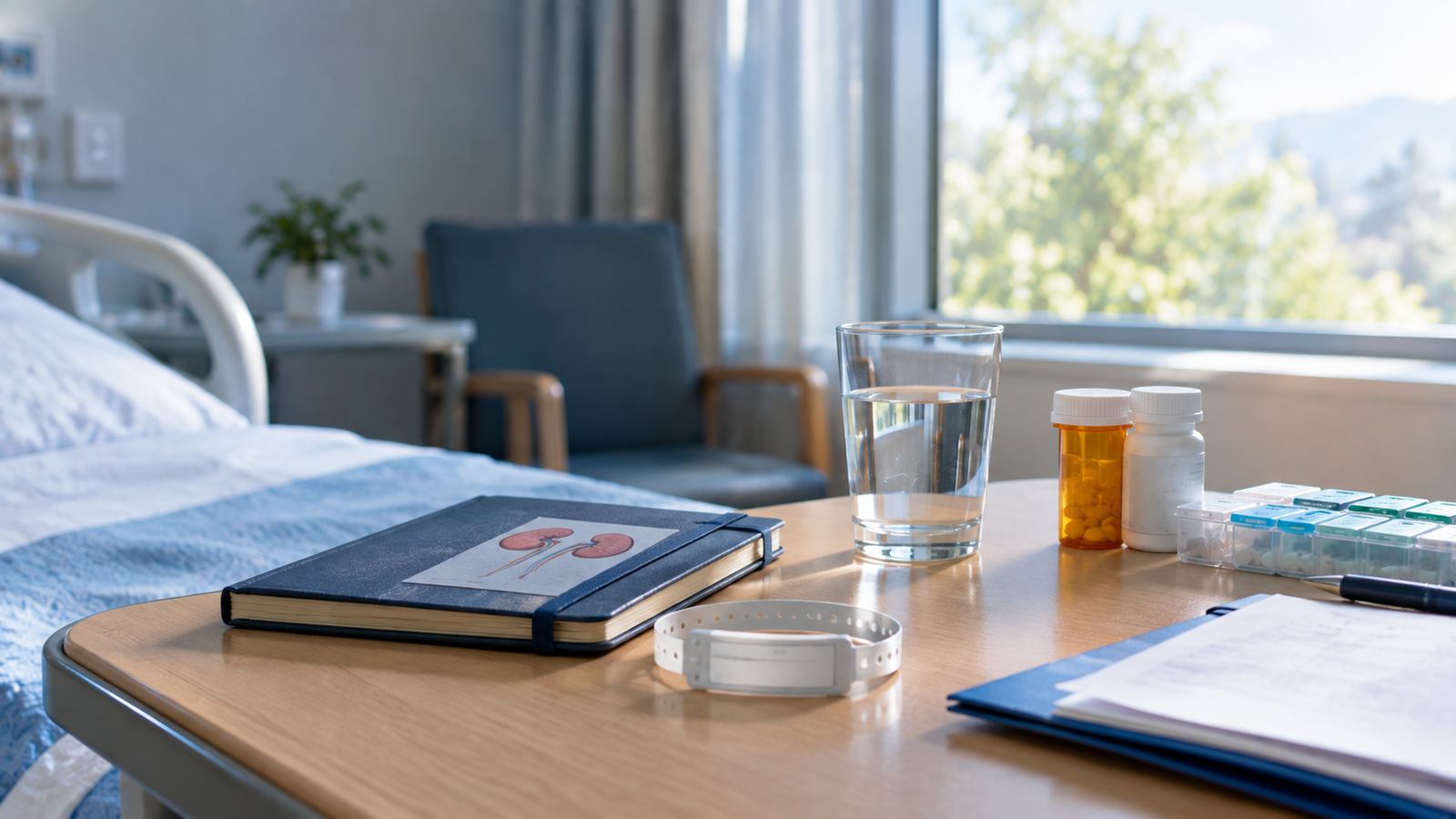 Personal medical items representing a kidney transplant journey from dialysis to life after transplant