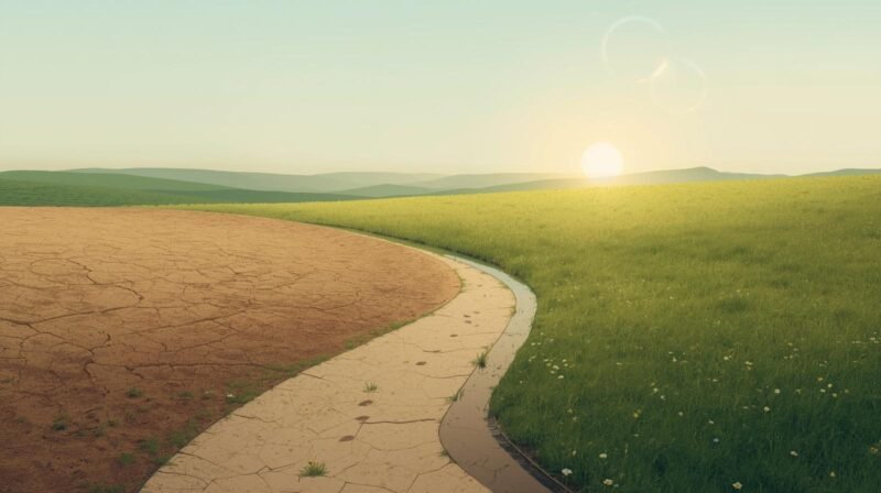 Winding path transforming from dry cracked earth to green grass with wildflowers, symbolizing the kidney transplant journey from diagnosis to renewal and life after transplant