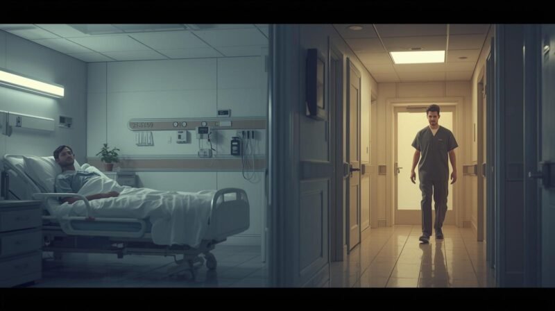 AI generated image of a patient in ICU after kidney transplant with nurse coming to check his vitals