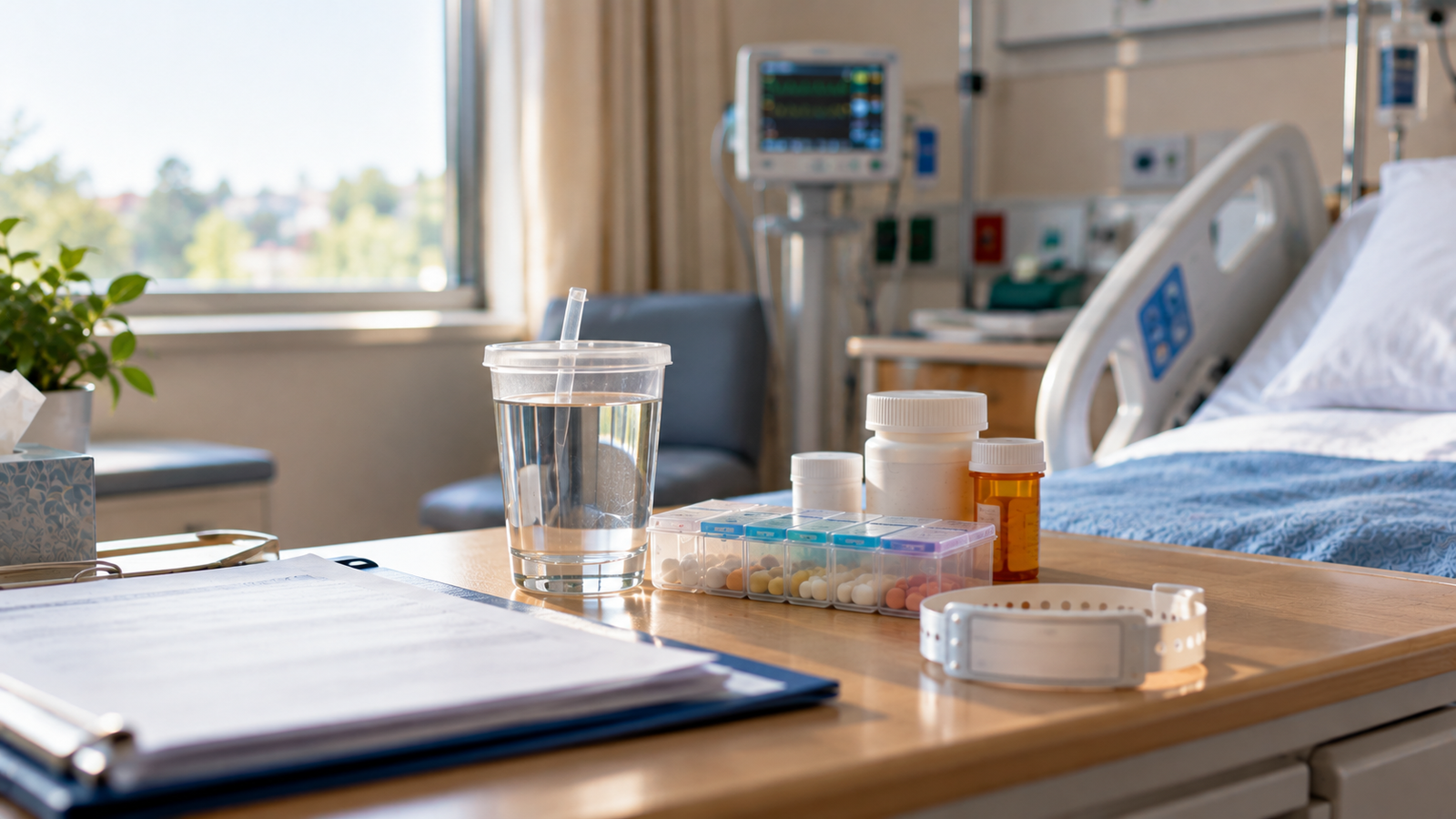Hospital bedside scene representing the first weeks of recovery after kidney transplant surgery