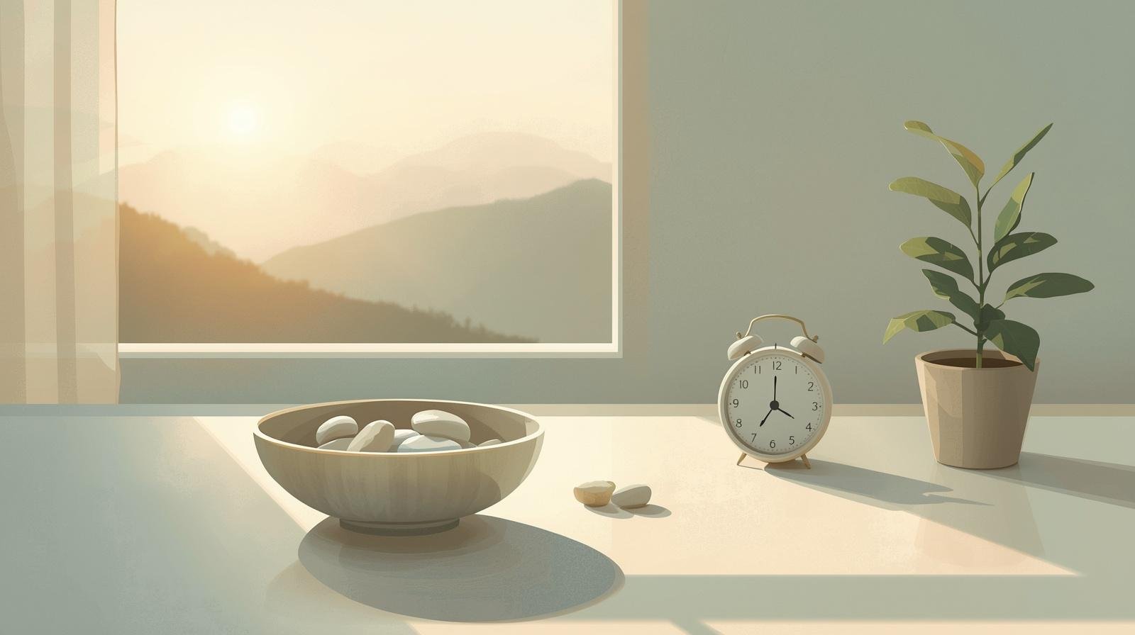 Quiet morning scene with a clock and bowl of stones symbolizing daily immunosuppressant routine after kidney transplant – no pills shown, representing structure and balance