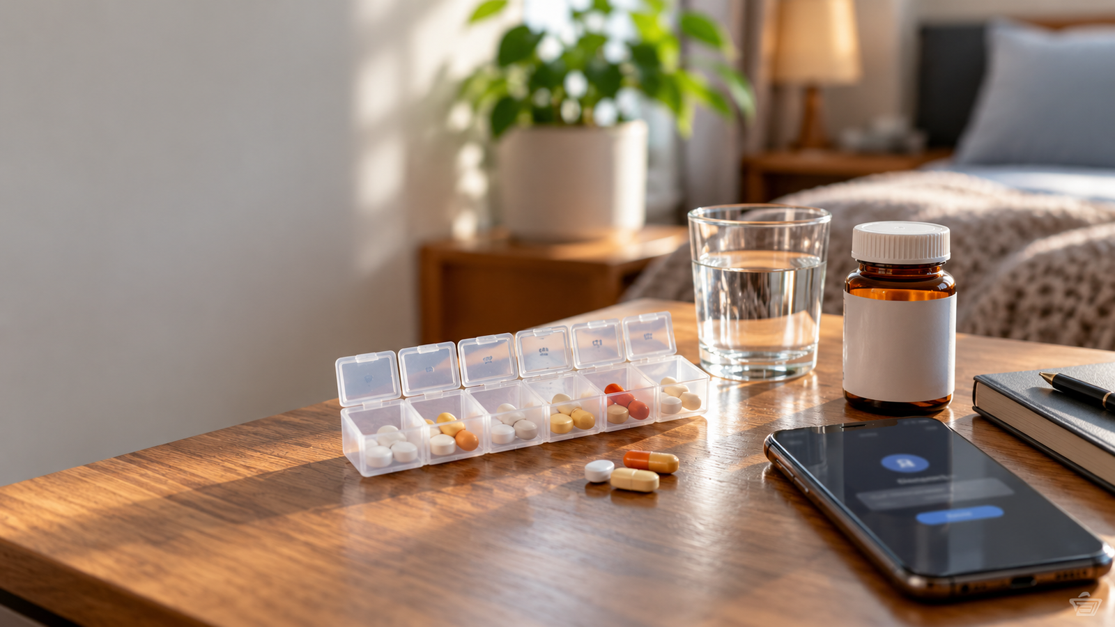 Daily medication routine representing management of immunosuppressant side effects after kidney transplant