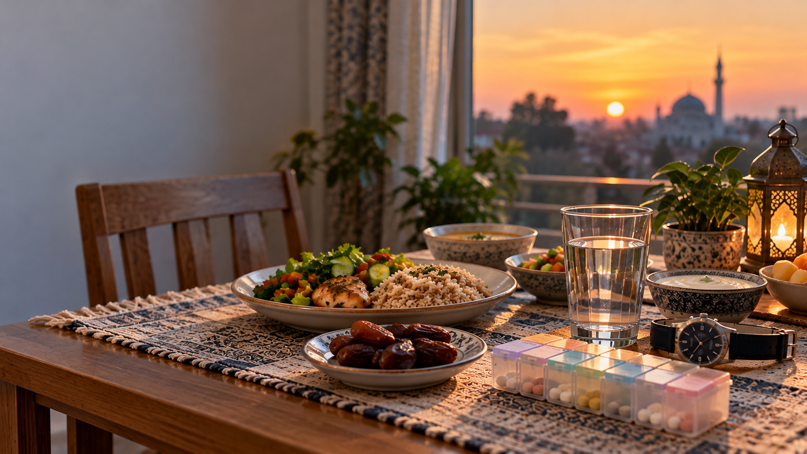 Water, dates, medication organizer and meal representing Ramadan fasting considerations after kidney transplant