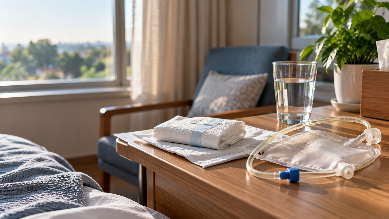 Medical drainage tube and recovery items representing stent and drain removal after kidney transplant