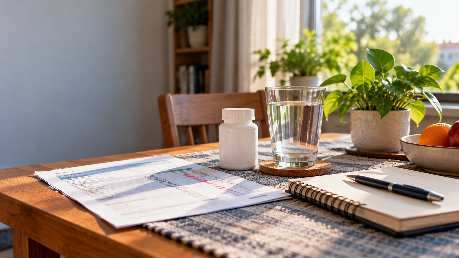 Vitamin D supplement, water and laboratory report representing vitamin D monitoring after kidney transplant