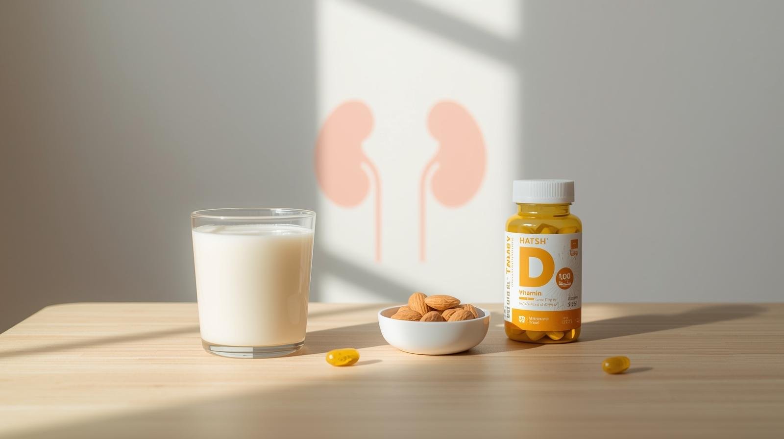 A glass of milk, a bowl of almonds, and a vitamin D capsule on a wooden table, representing natural and supplemental sources of vitamin D for kidney transplant recipients.