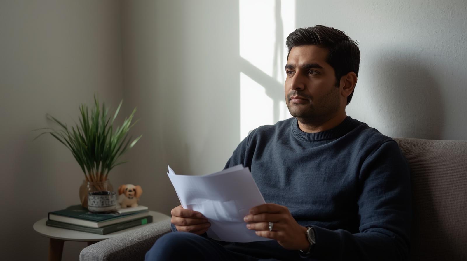 Kidney transplant patient reading post transplant lab reports and watching towards window