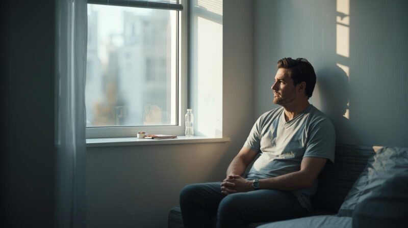 Kidney transplant patient sitting thoughtfully at home reflecting on infection risk and daily precautions after transplant