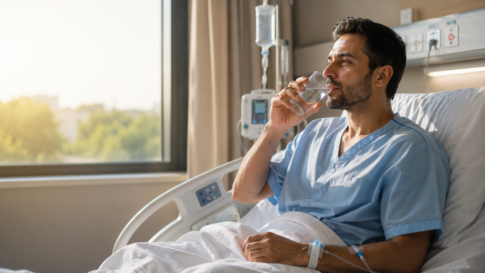 Man recovering in a bright hospital room the day after kidney transplant surgery, illustrating the early stage of kidney transplant recovery.