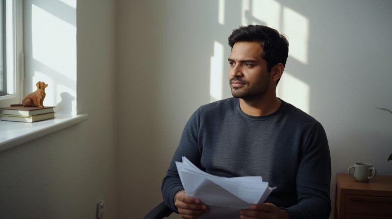AI-generated portrait of Dr. Salman, a South Asian male veterinarian and kidney transplant recipient, sitting near a sunlit window in his home, holding medical reports, wearing a simple gray sweater – no lab coat or stethoscope. This is an artificial intelligence generated image, not a real photograph.