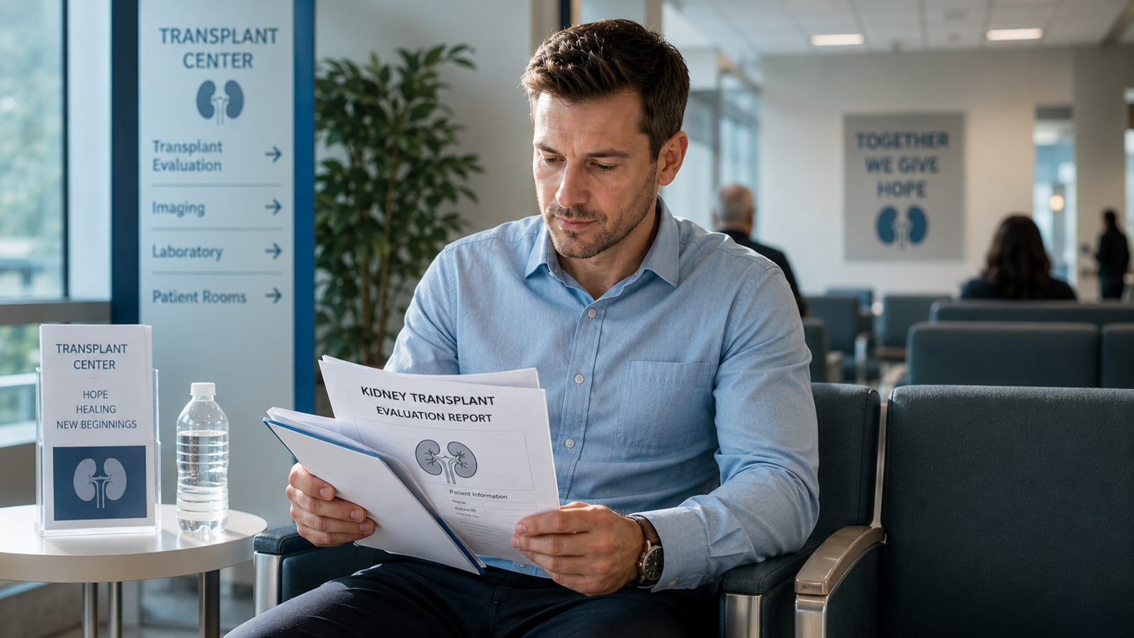 Adult man waiting in a transplant clinic holding medical reports during kidney transplant evaluation before surgery.