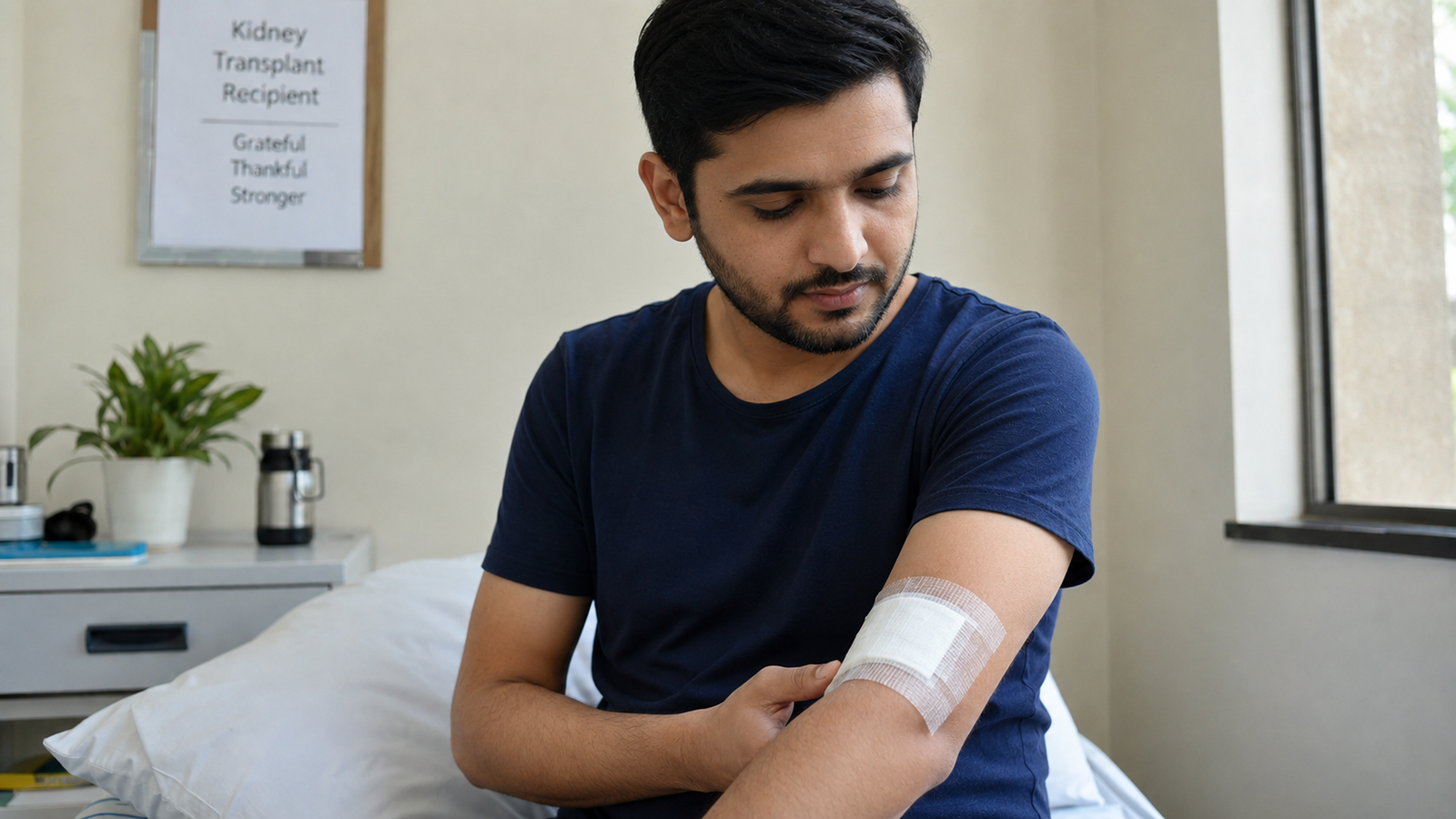 Kidney transplant patient recovering after AV fistula ligation surgery on left arm