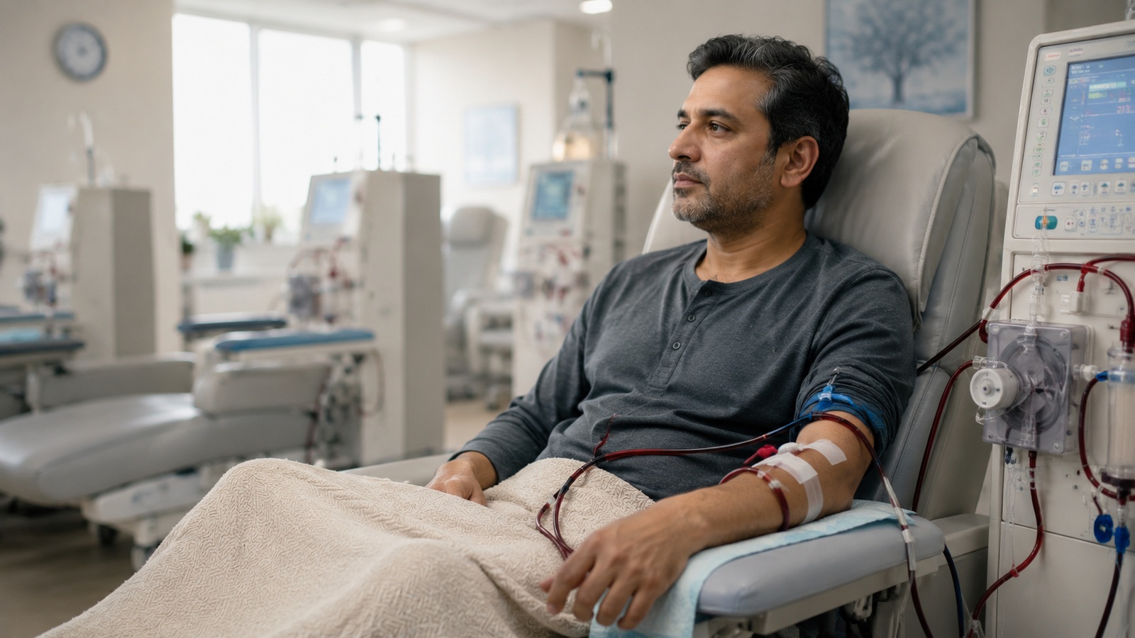 Kidney patient reflecting during dialysis treatment before transplant