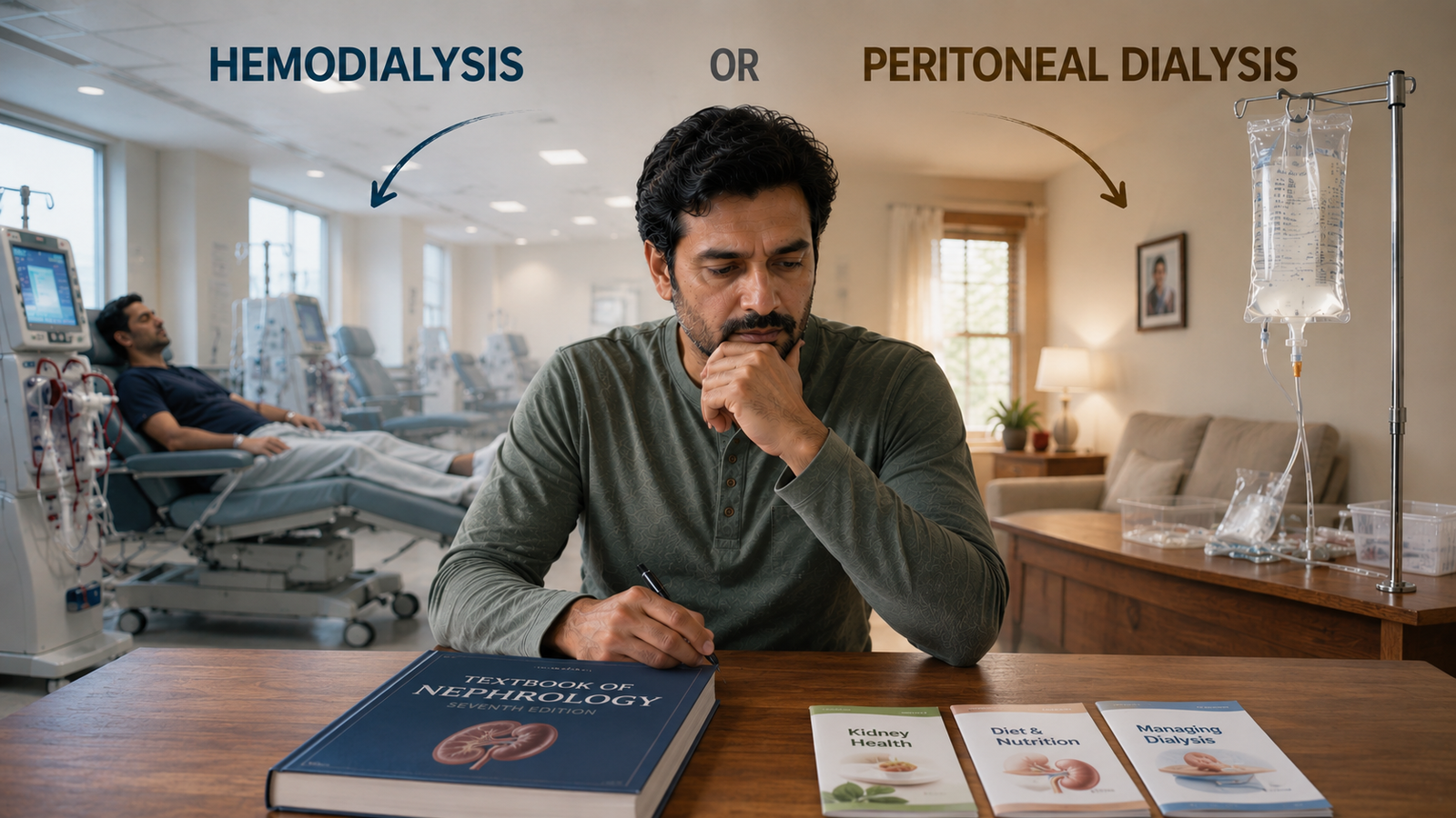 Kidney disease patient comparing hemodialysis and peritoneal dialysis treatment options