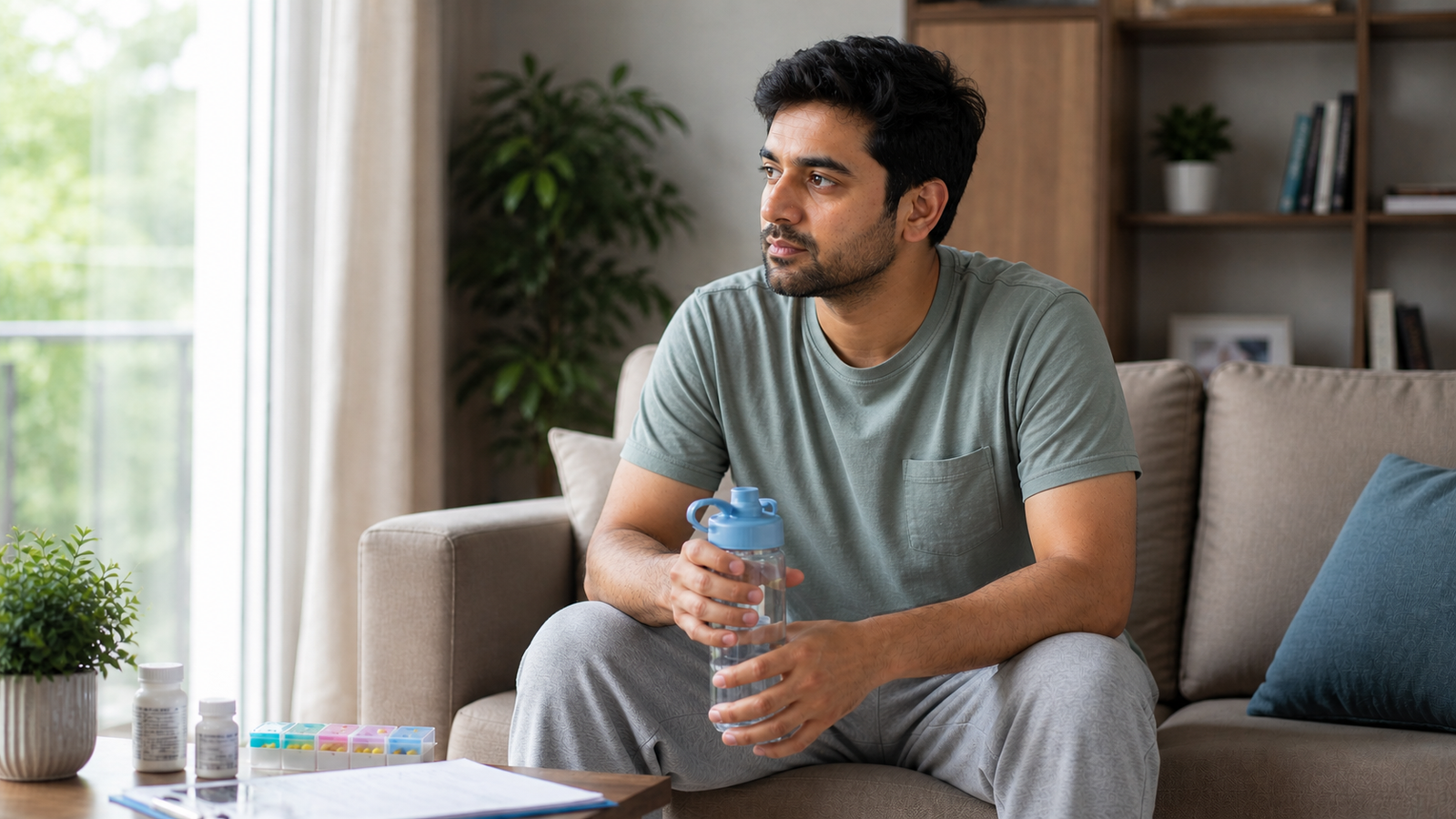 Kidney transplant patient holding water bottle and thing about trnasplant recovery progress