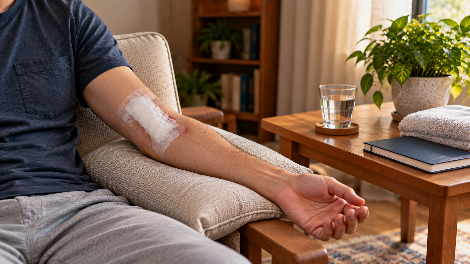 Arm resting on a cushion during recovery after AV fistula closure surgery following kidney transplant