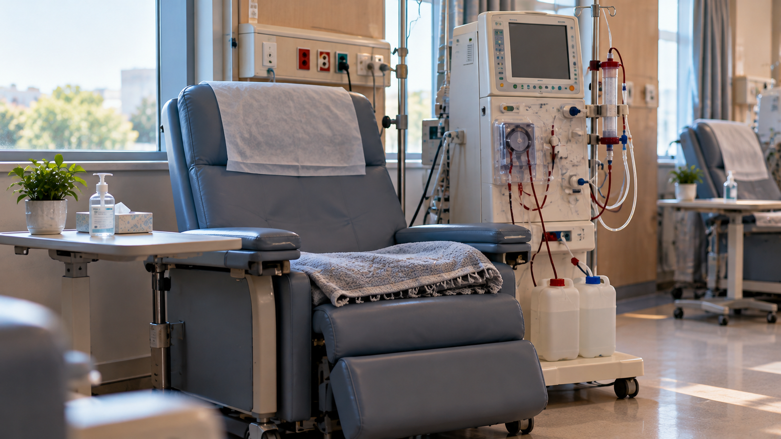Empty hemodialysis chair beside a dialysis machine representing the experience of dialysis before kidney transplant