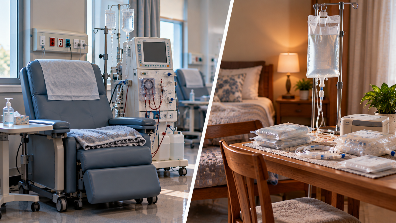 Hemodialysis machine and chair contrasted with peritoneal dialysis supplies in a home setting