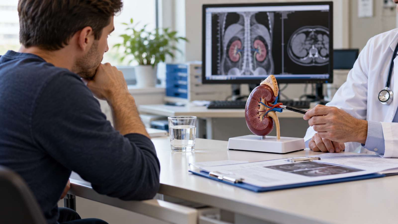 A patient discusses kidney transplant evaluation with a doctor using a kidney model and medical imaging in a consultation room.