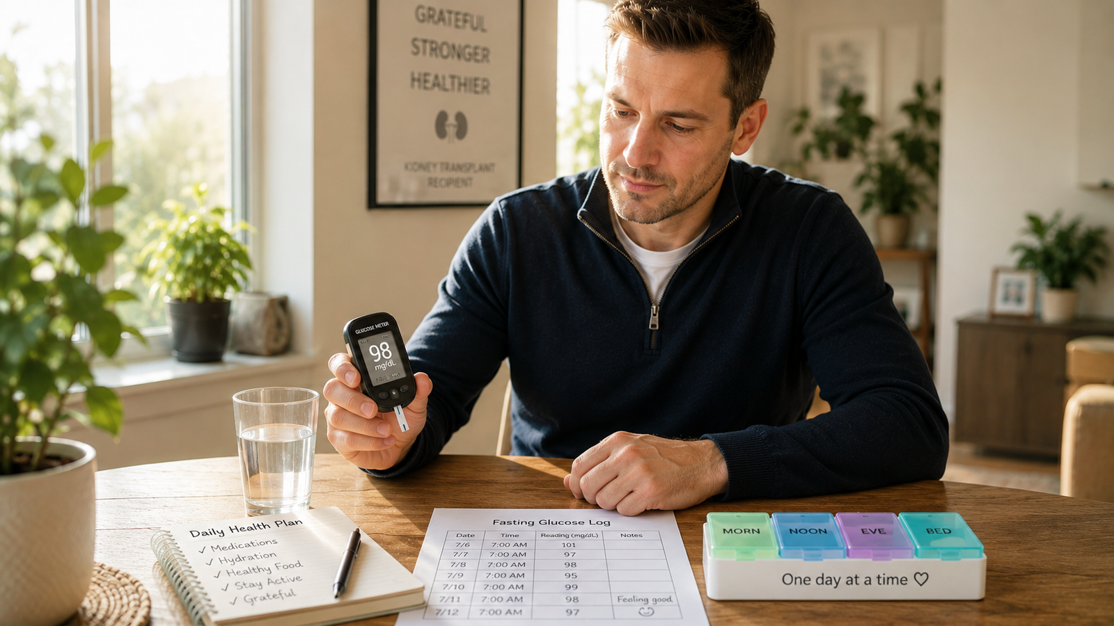 Kidney transplant recipient checking fasting glucose with a glucometer at home.