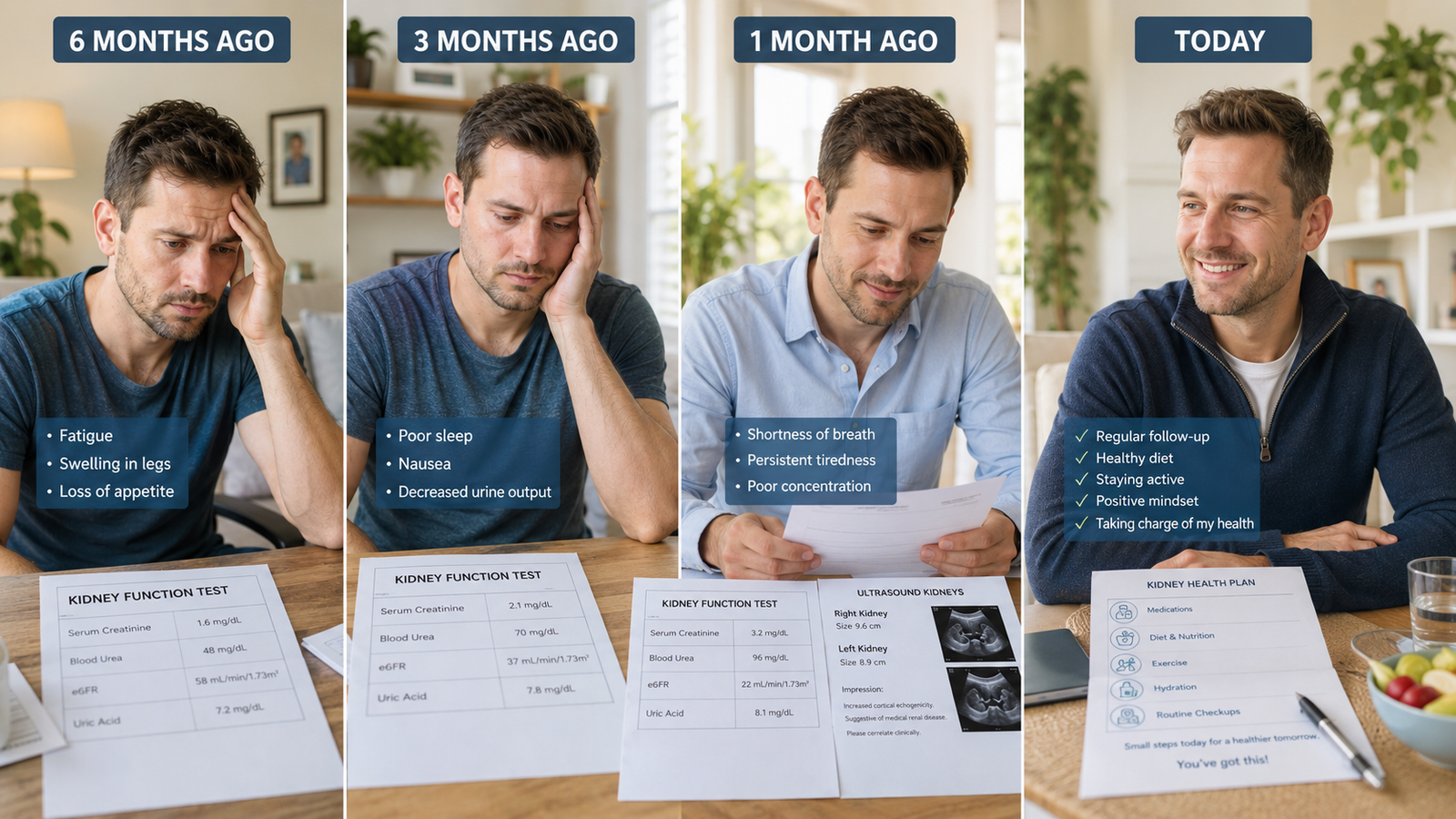 Man experiencing early warning signs of kidney failure before dialysis and transplant evaluation