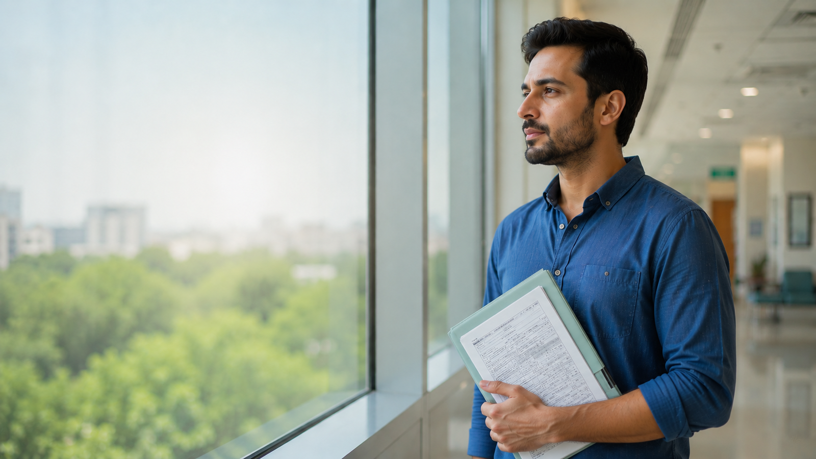 Healthy South Asian kidney transplant recipient reflecting on the early warning signs of kidney failure in a hospital outpatient setting.