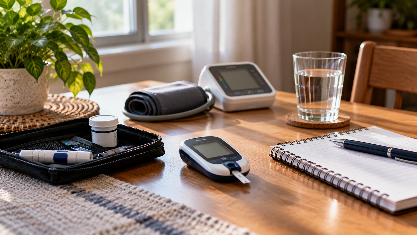 Home blood glucose meter, testing kit, notebook, and water glass representing fasting glucose monitoring after kidney transplant.
