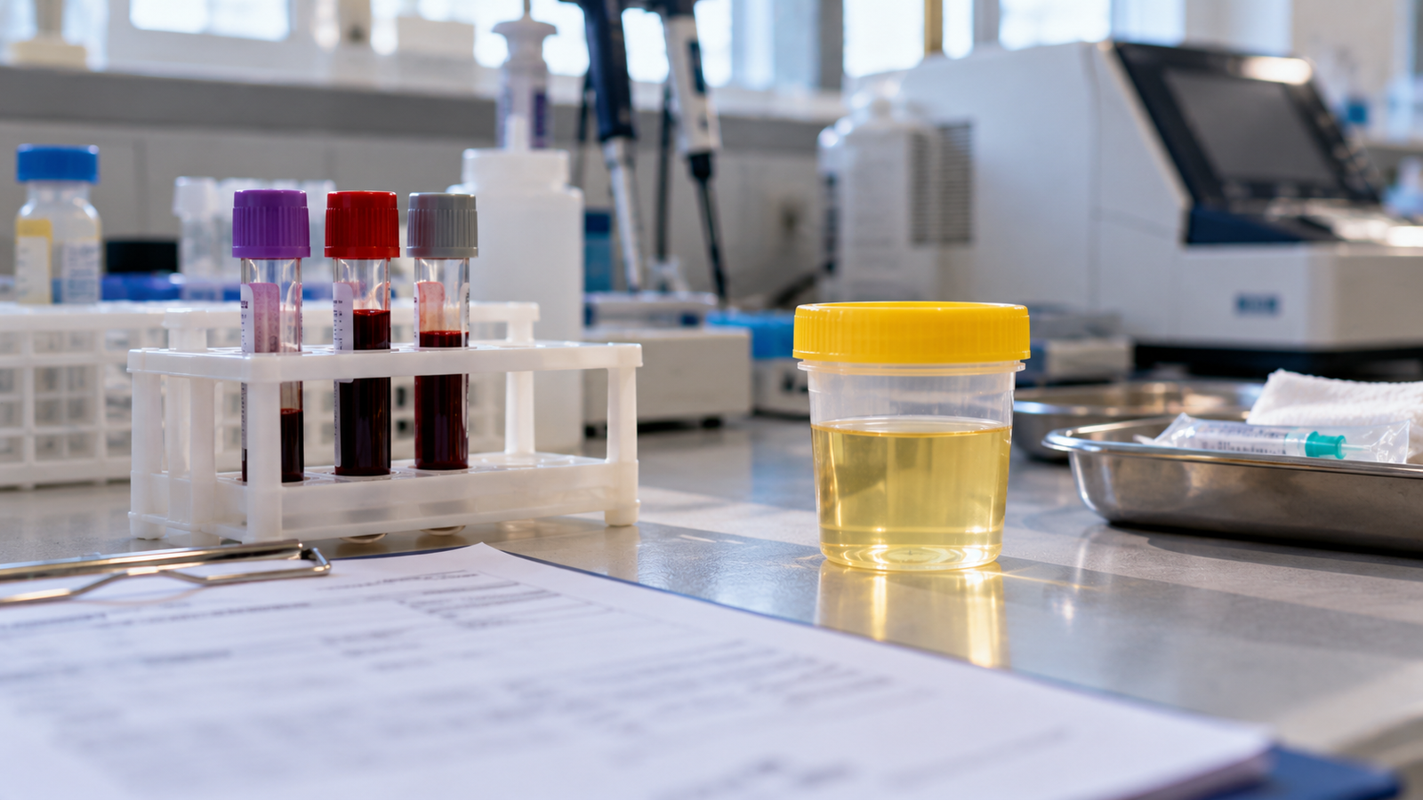Blood sample tubes and a urine specimen container in a clinical laboratory for kidney-function testing.