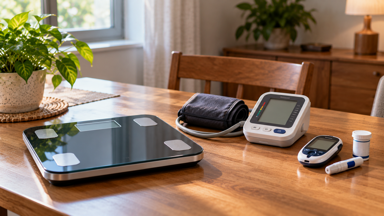 Digital weighing scale, balanced meal, medication organizer, and blood-pressure monitor representing weight and metabolic health after kidney transplant.