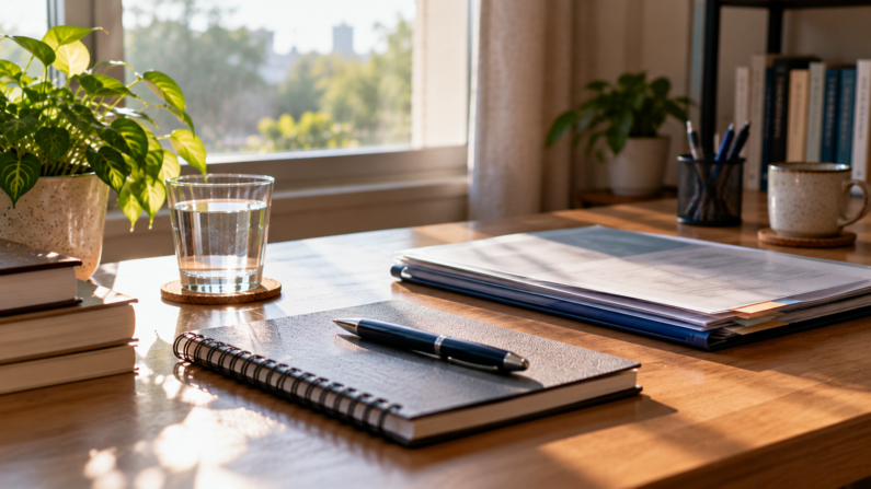A notebook, medical appointment folder, pen, and glass of water on a desk, representing reflection and life after kidney transplantation.