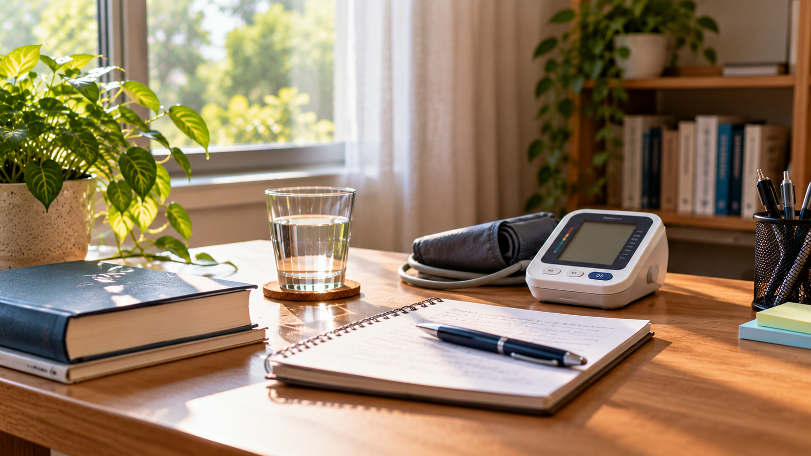 Notebook, medical reference book, water glass, and blood pressure monitor arranged on a home desk.