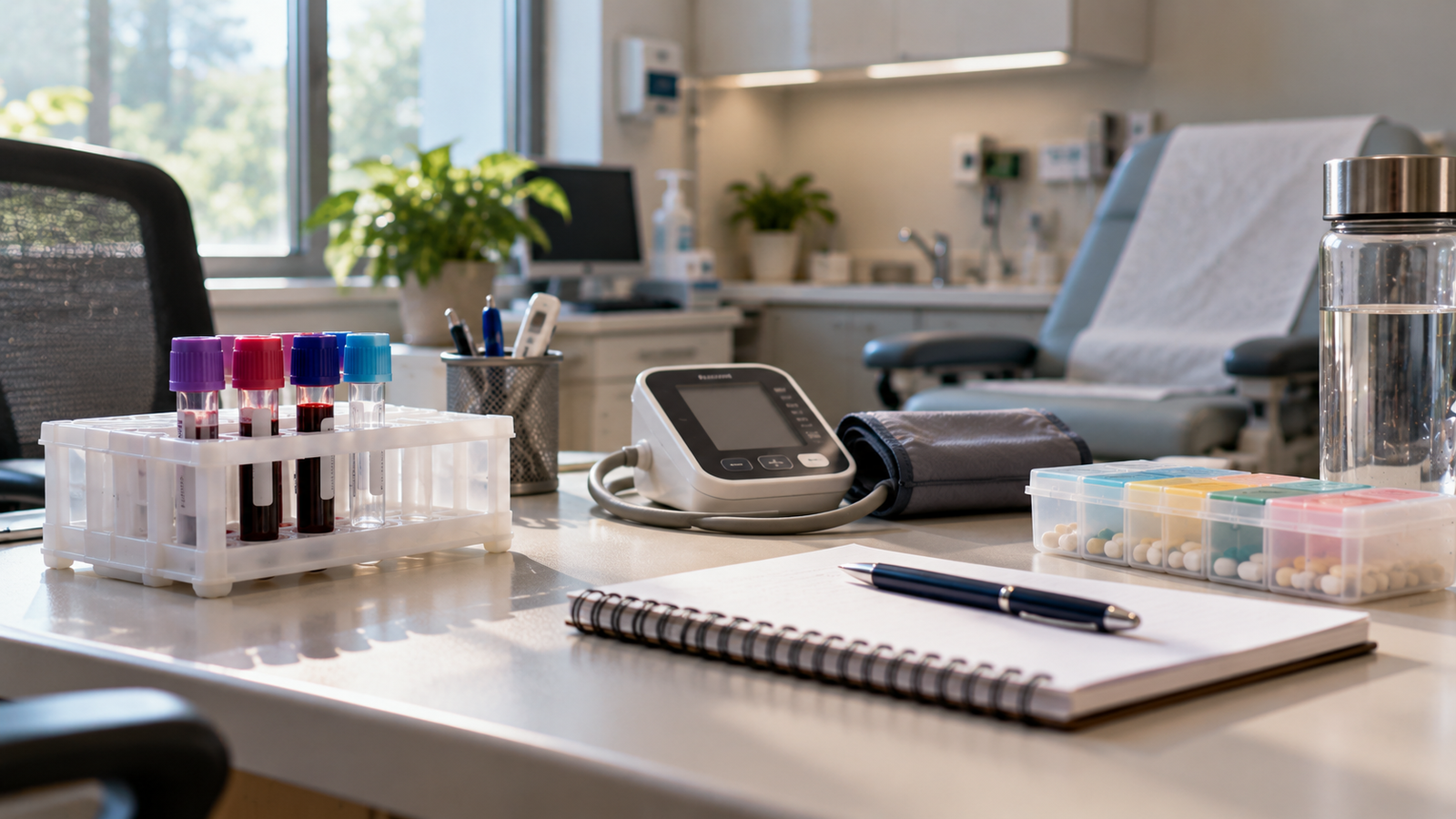 Clinical monitoring supplies, a blood-pressure monitor, and a medication organizer arranged on a desk for kidney transplant follow-up.