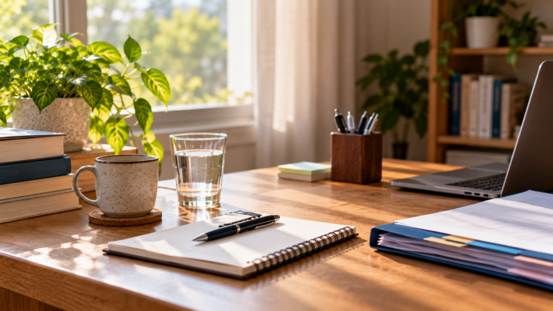 Notebook, pen, medical appointment folder, and glass of water arranged on a desk, representing the kidney transplant journey and ongoing care.